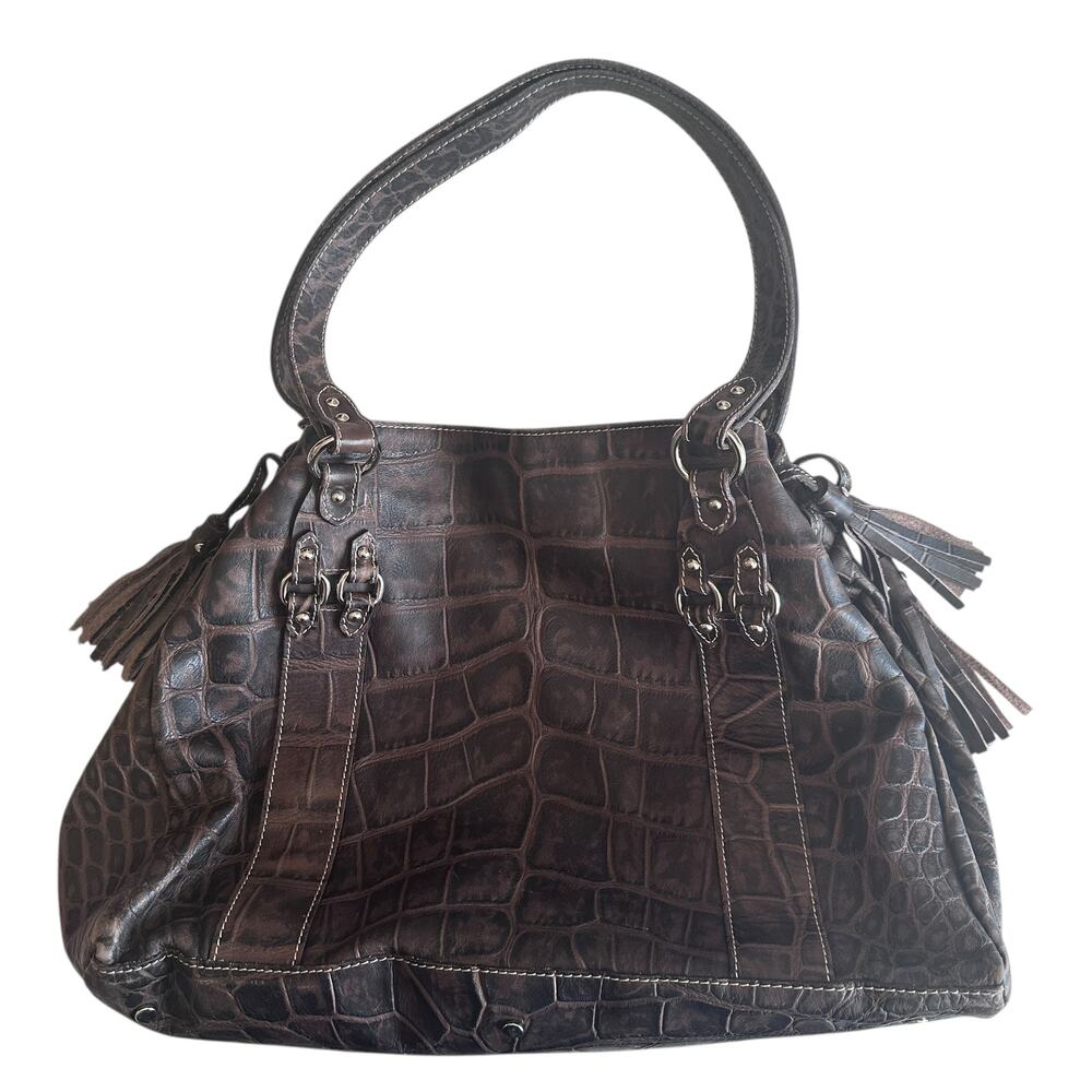 Cavalcanti Vintage Croc Embossed Leather Bucket Bag Brown Tassels Shoulder Purse